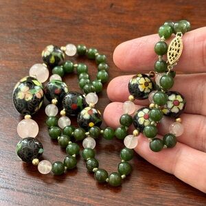 Antique black cloisonné rose quartz nephrite jade bead gold filled necklace